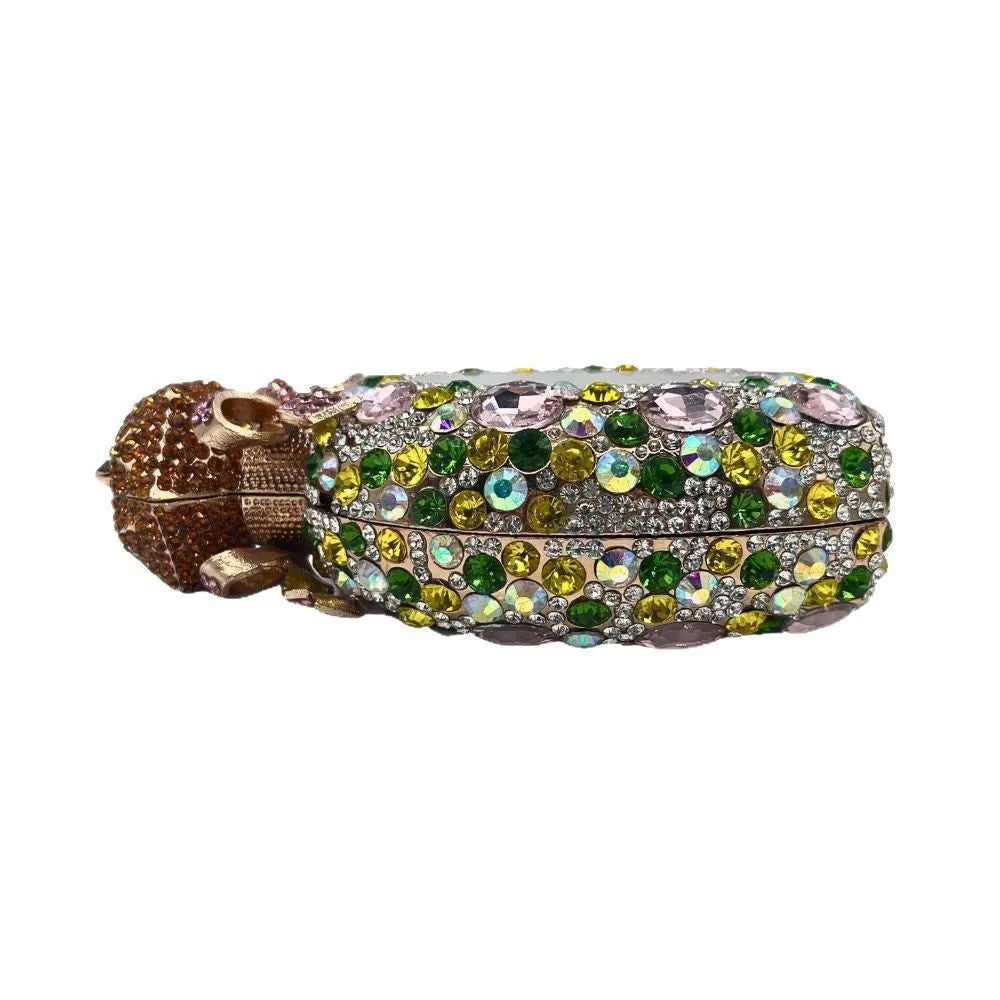 Women's hard-shell clutch bag with diamond pattern in golden metallic finish