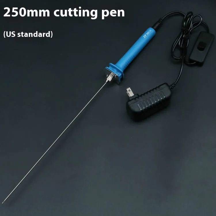 Blue plastic-handled electric heating pen cutter tool with adapter for cutting foam and pearl cotton.