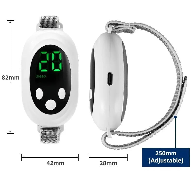 White handheld sleep aid device with sleep bracelet and charging cable showing 20 intensity settings