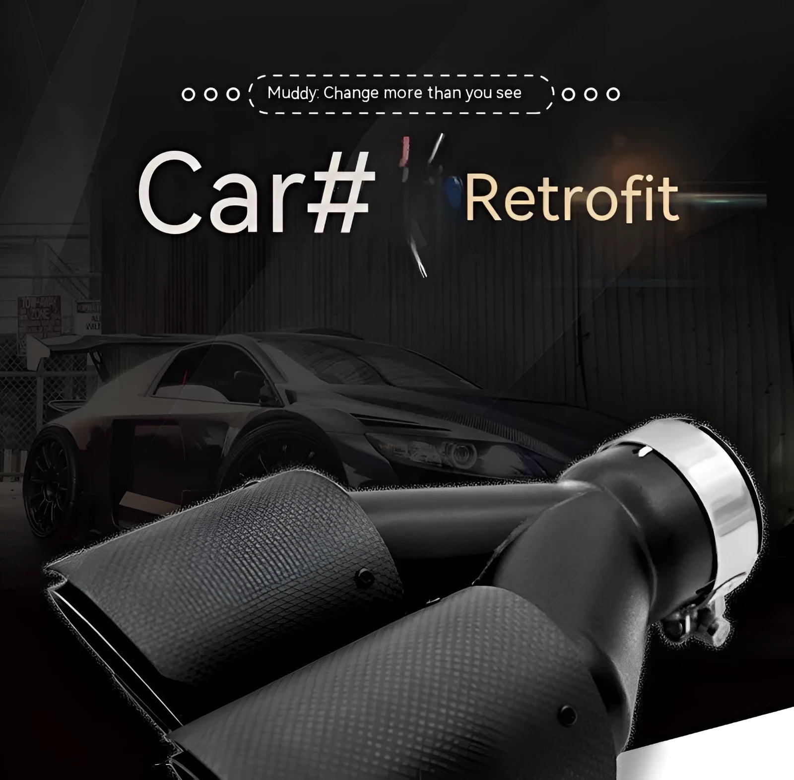 Black carbon fibre car exhaust modification silencer with dual outlet tailpipes
