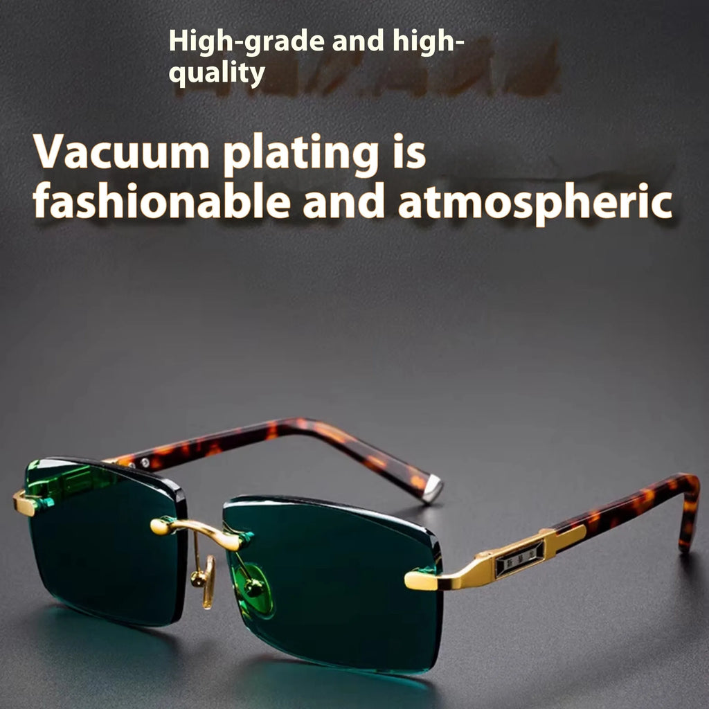 Green frameless reading glasses with dark tinted lenses on protective case