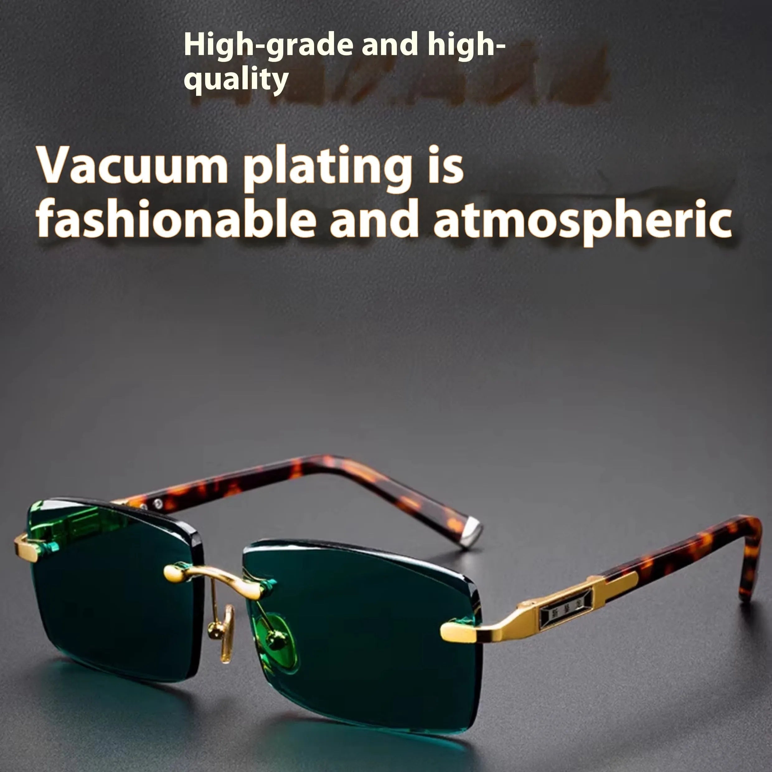 Green frameless reading glasses with dark tinted lenses on protective case