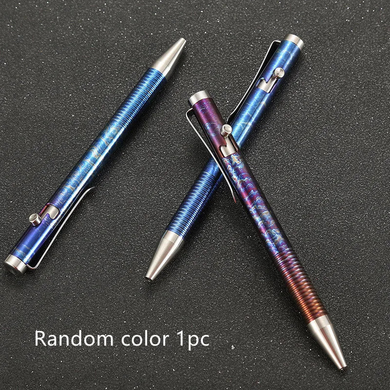 Titanium alloy gun bolt handle ball pen with magic colour phantom finish showing iridescent effects