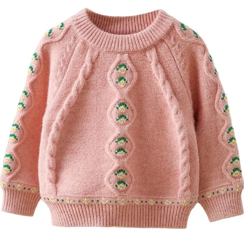 Girls pink knitted diamond flower pullover sweater with rabbit fur composition on white background