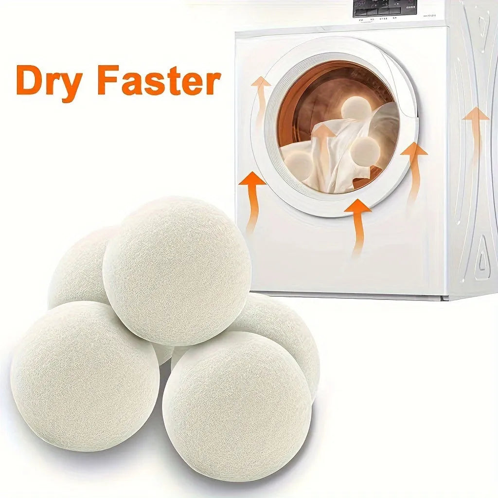 Set of six low allergenic laundry drying balls in various sizes for wrinkle reduction