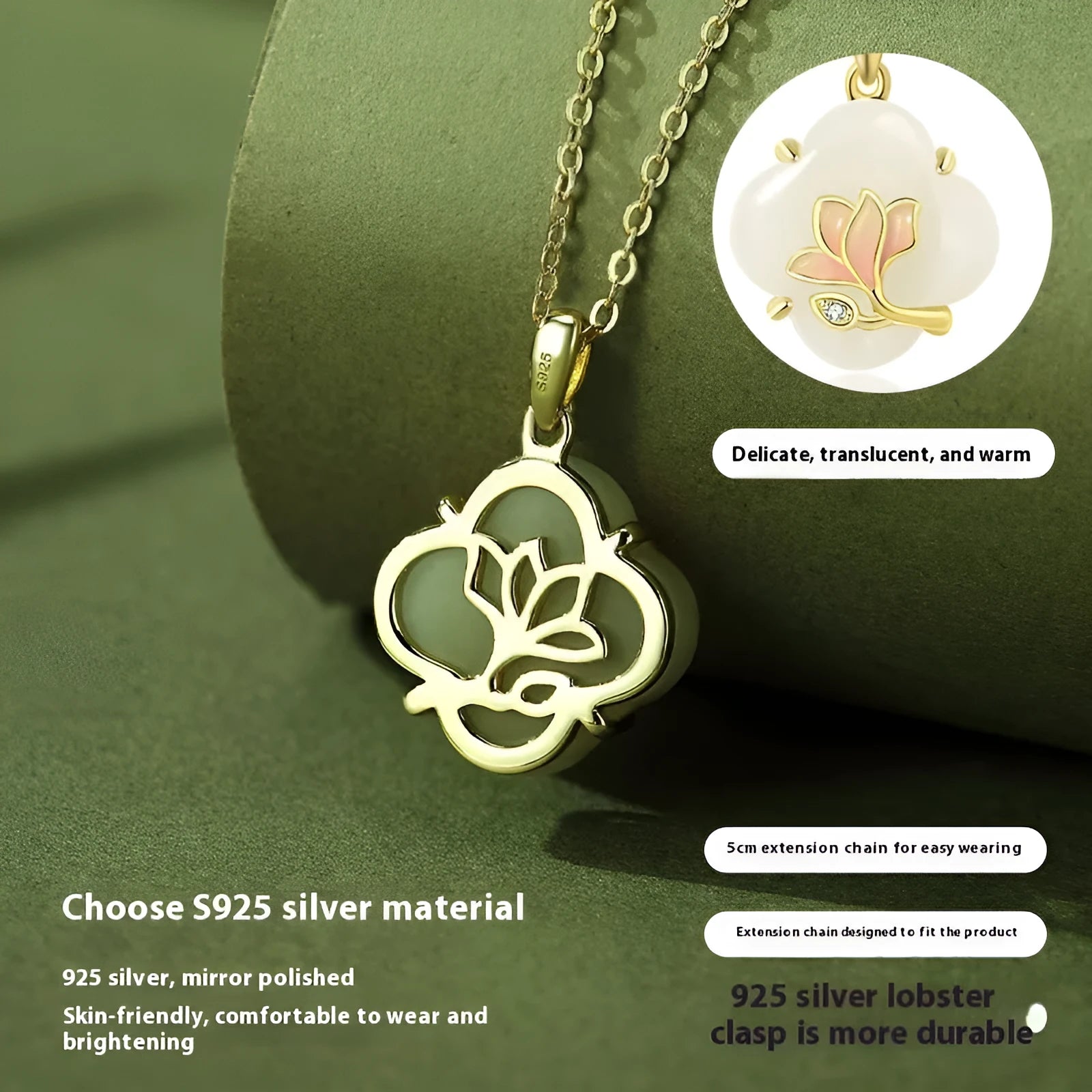 Magnolia Hetian jade necklace with 925 sterling silver pendant on O-shaped chain, 45cm length, flower shape