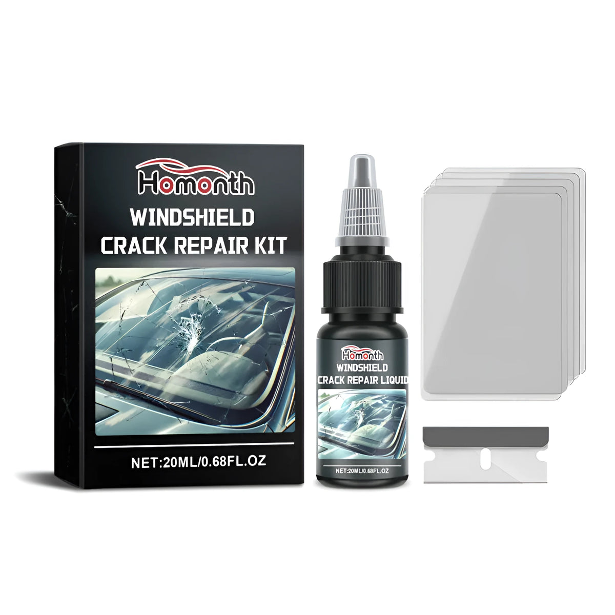 Car windshield cleaner set with 20ml crack repair liquid, blade, and curing film for windscreen chip repair