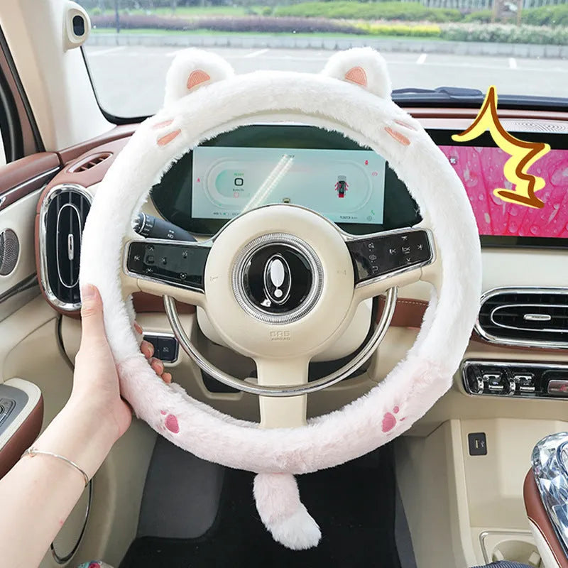 Plush rabbit fur steering wheel cover with embroidered cartoon animal design for winter thermal comfort