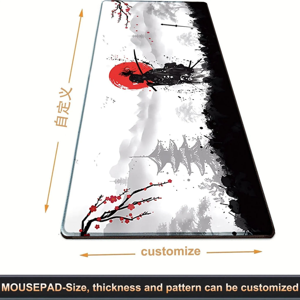 Japanese samurai design gaming mouse pad on desk with non-slip cloth surface