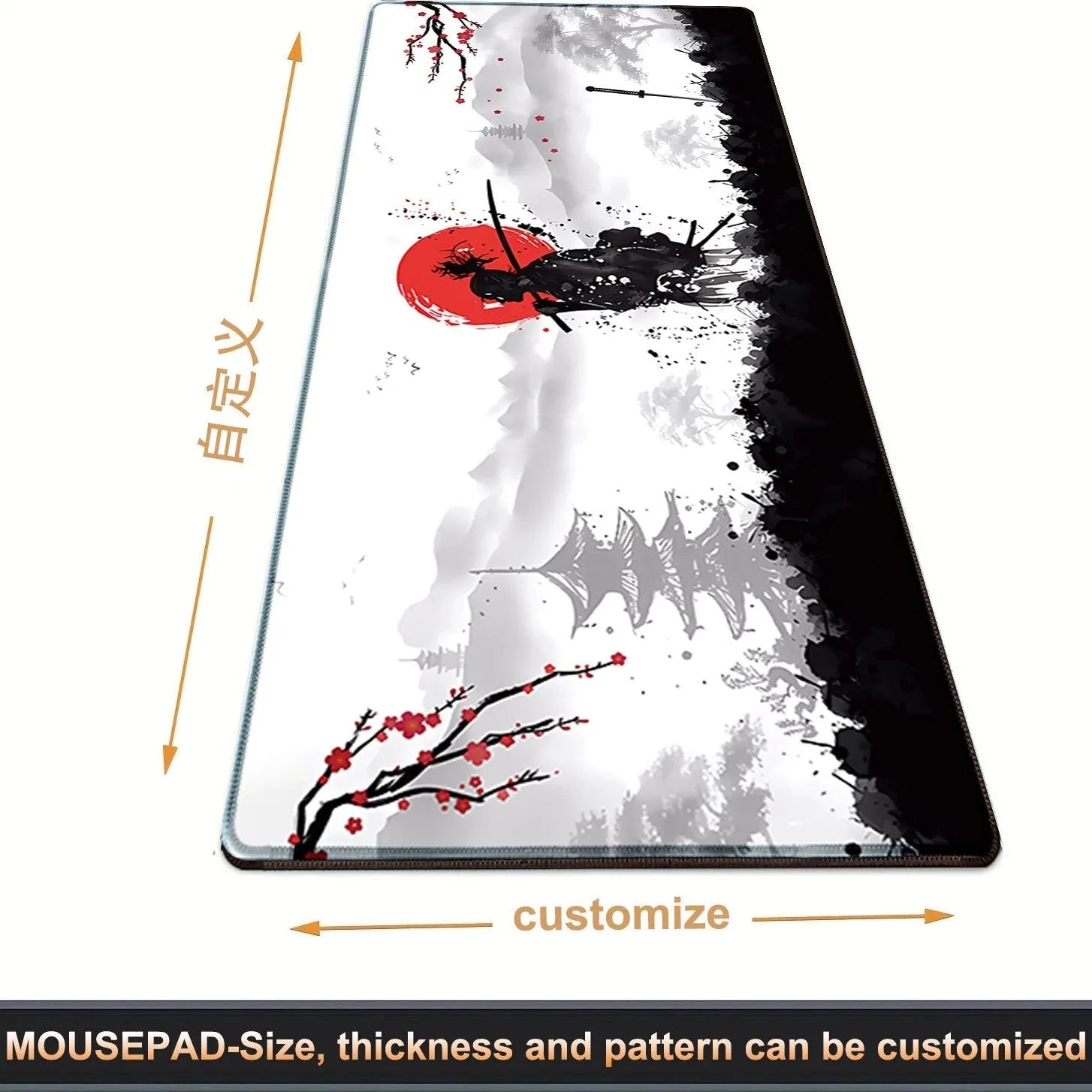 Japanese samurai design gaming mouse pad on desk with non-slip cloth surface