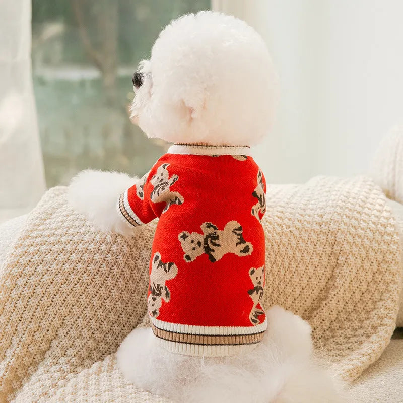 Cute bear pattern two-legged dog sweater in beige for small dogs and cats, sizes XS to XL