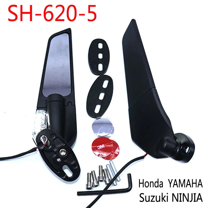Spoiler-shaped aluminium motorcycle rearview mirror with convex glass lens and yellow running light, model SH-620-5.