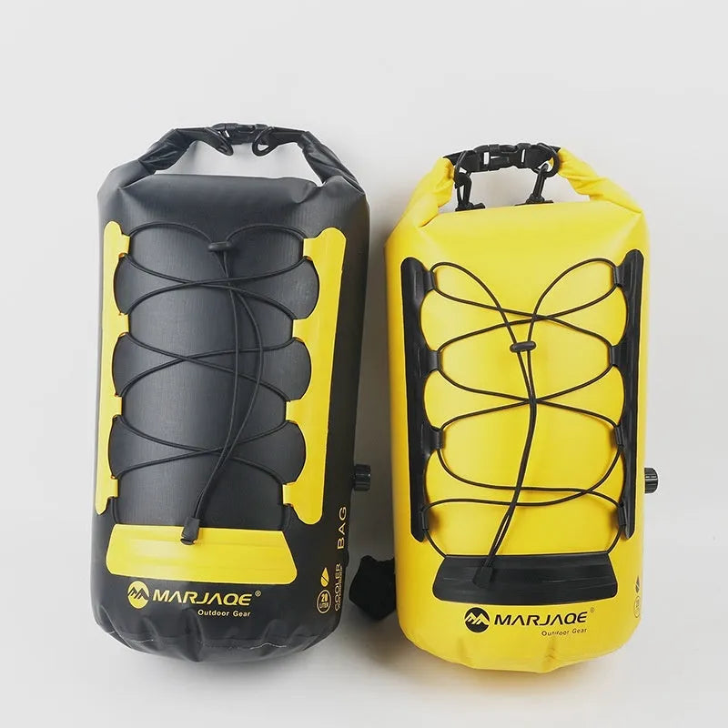 Yellow and black PVC waterproof backpack with dry-wet separation compartments for outdoor use