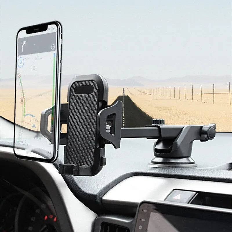 Carbon fibre texture car phone holder with silicone suction cup and telescopic rod, fits phones up to 8.5cm wide.