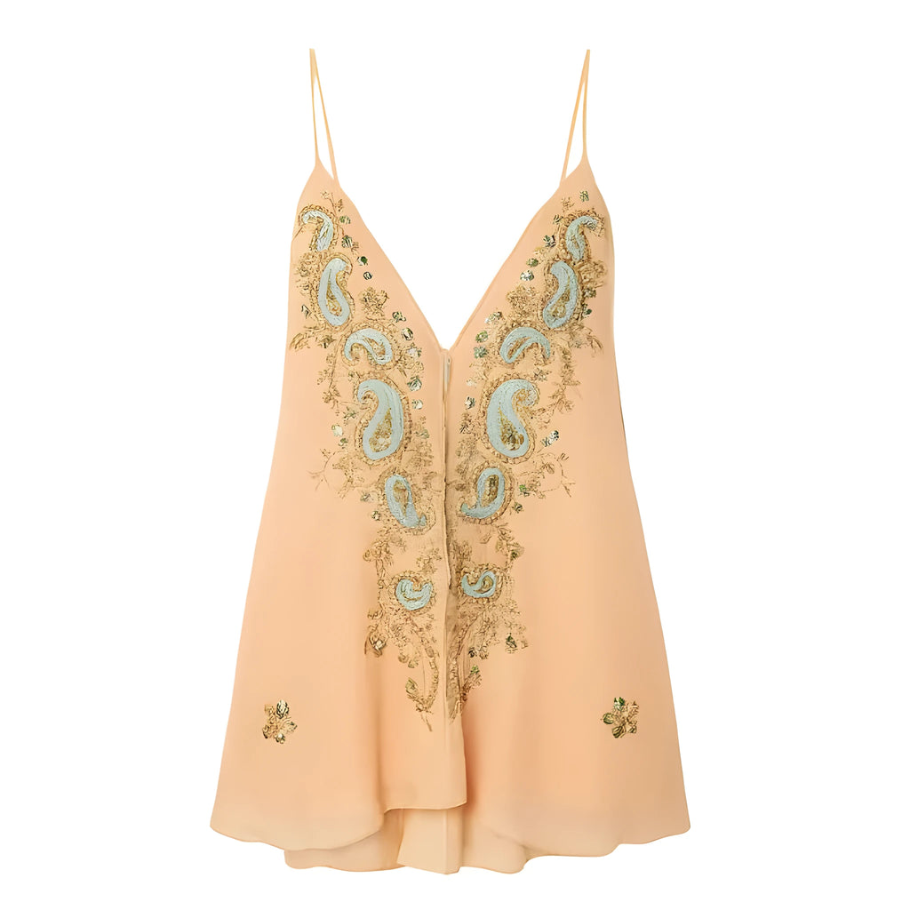 Light yellow sleeveless V-neck strap skirt with ethnic print pattern.