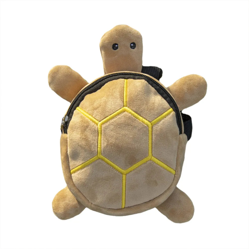Cartoon turtle shape dog backpack harness in velvet material with metal zipper, measuring 20 x 18cm