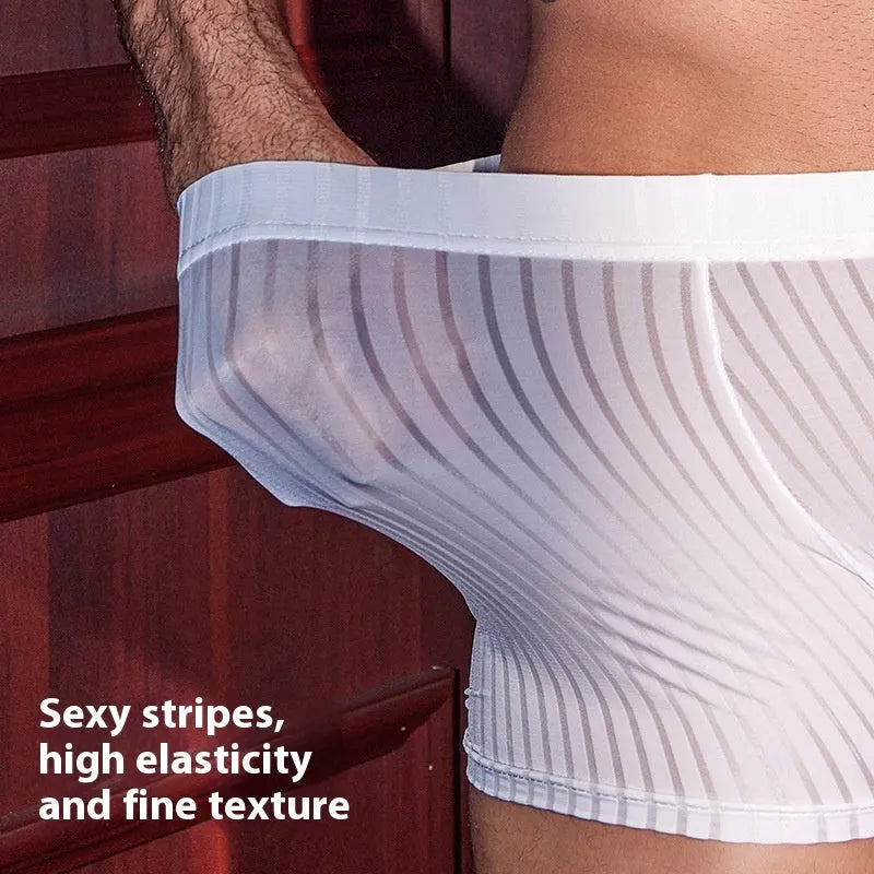 Men's vertical stripes boxer briefs in breathable nylon fabric showing black, white, and dark grey colour options