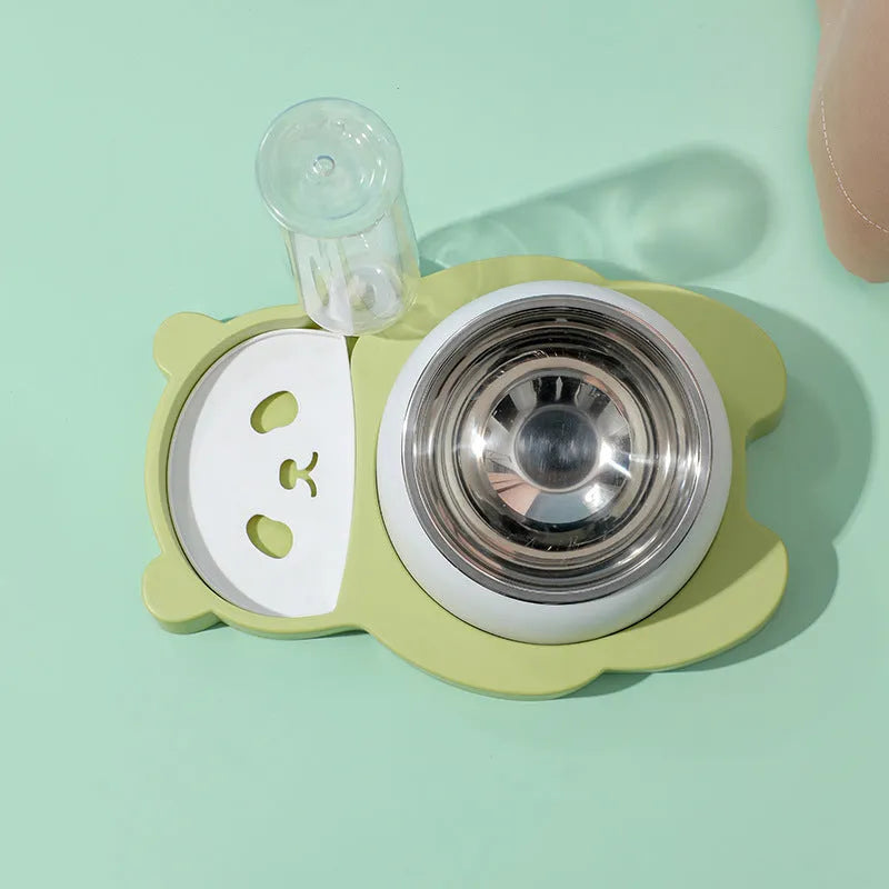 Grey tilted elevated pet bowl set with automatic water dispenser bottle and panda design