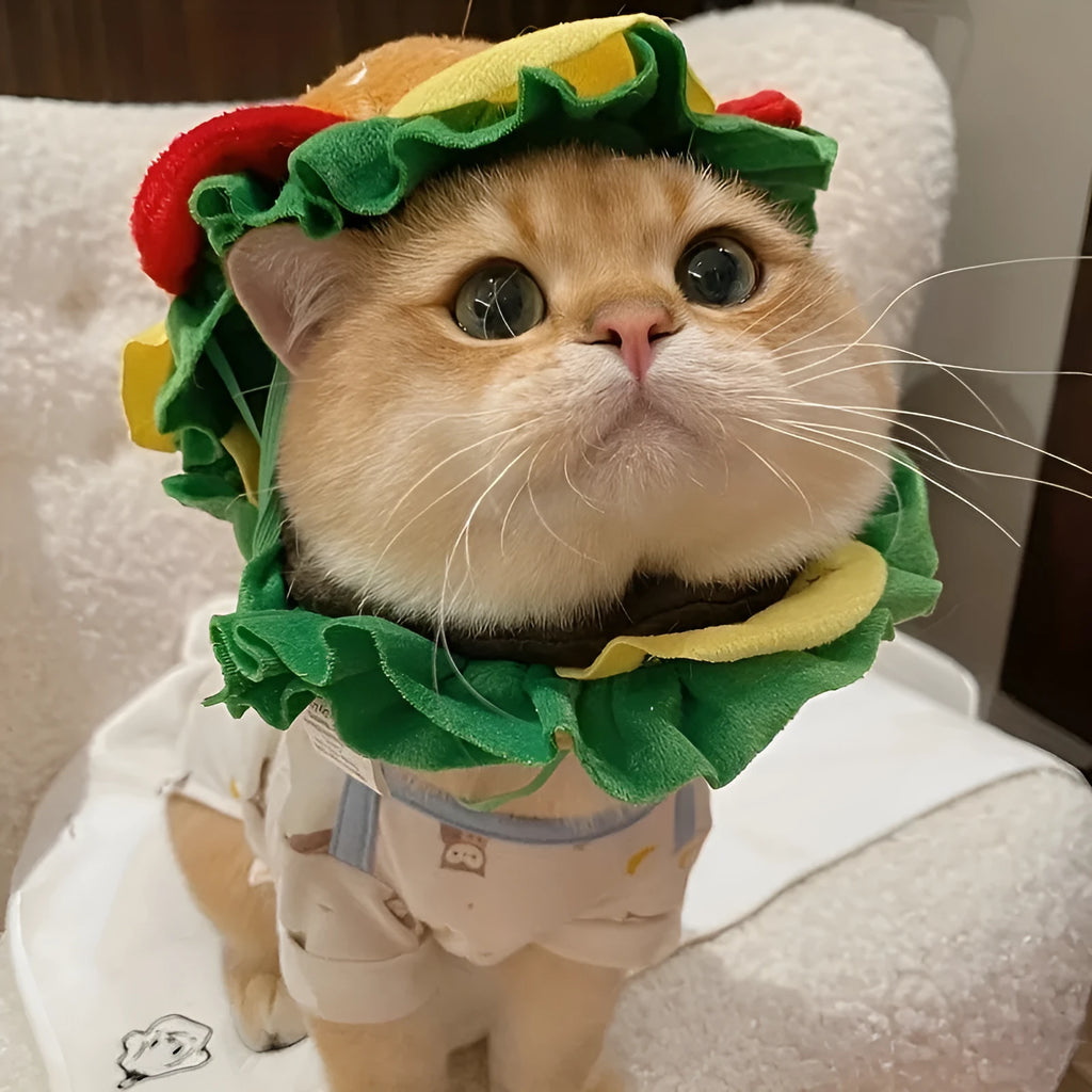 Cat wearing adjustable burger headdress collar with sesame bun design details