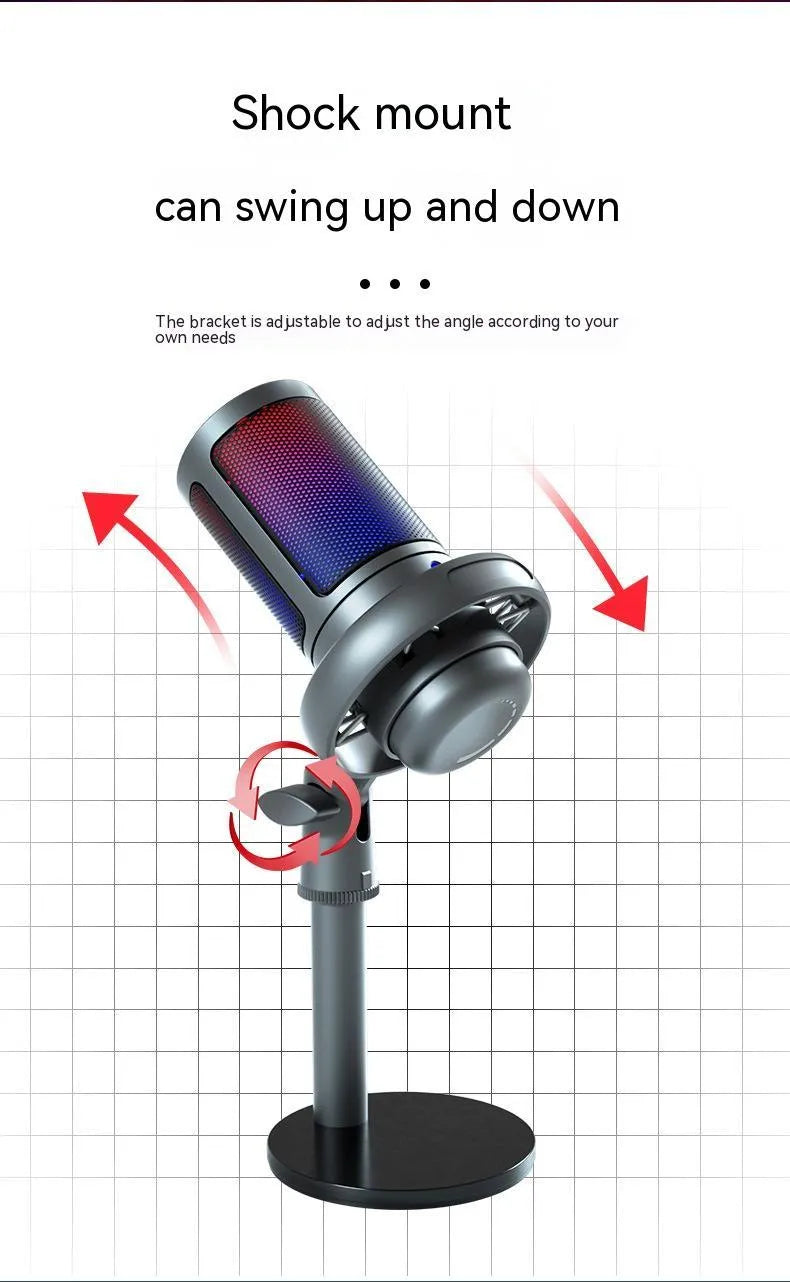 USB condenser microphone with RGB lighting in black, white, or pink for live streaming