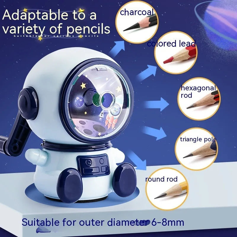 Blue astronaut themed manual pencil sharpener with anti-jam technology