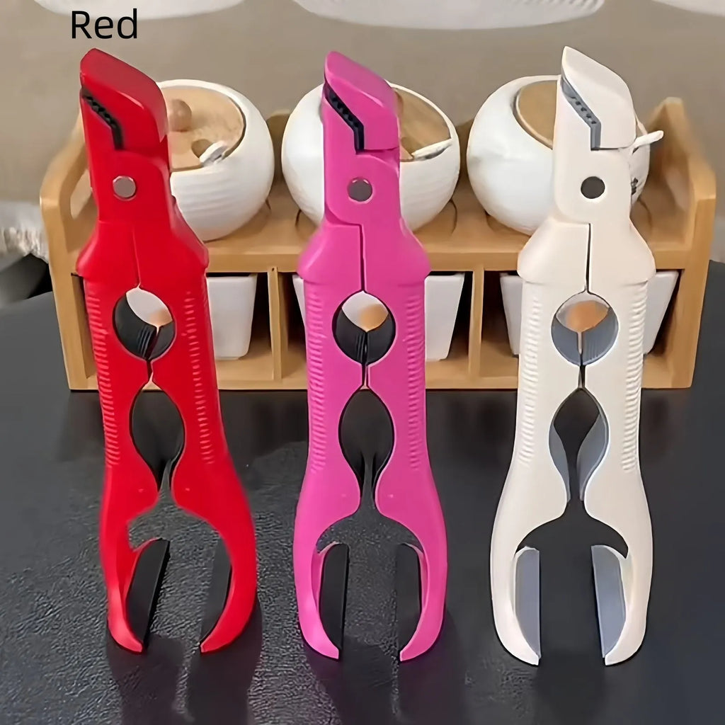 Three-in-one anti-scald clip for bowls and plates with bottle opener, non-slip, shown in Red, Rose Red and White
