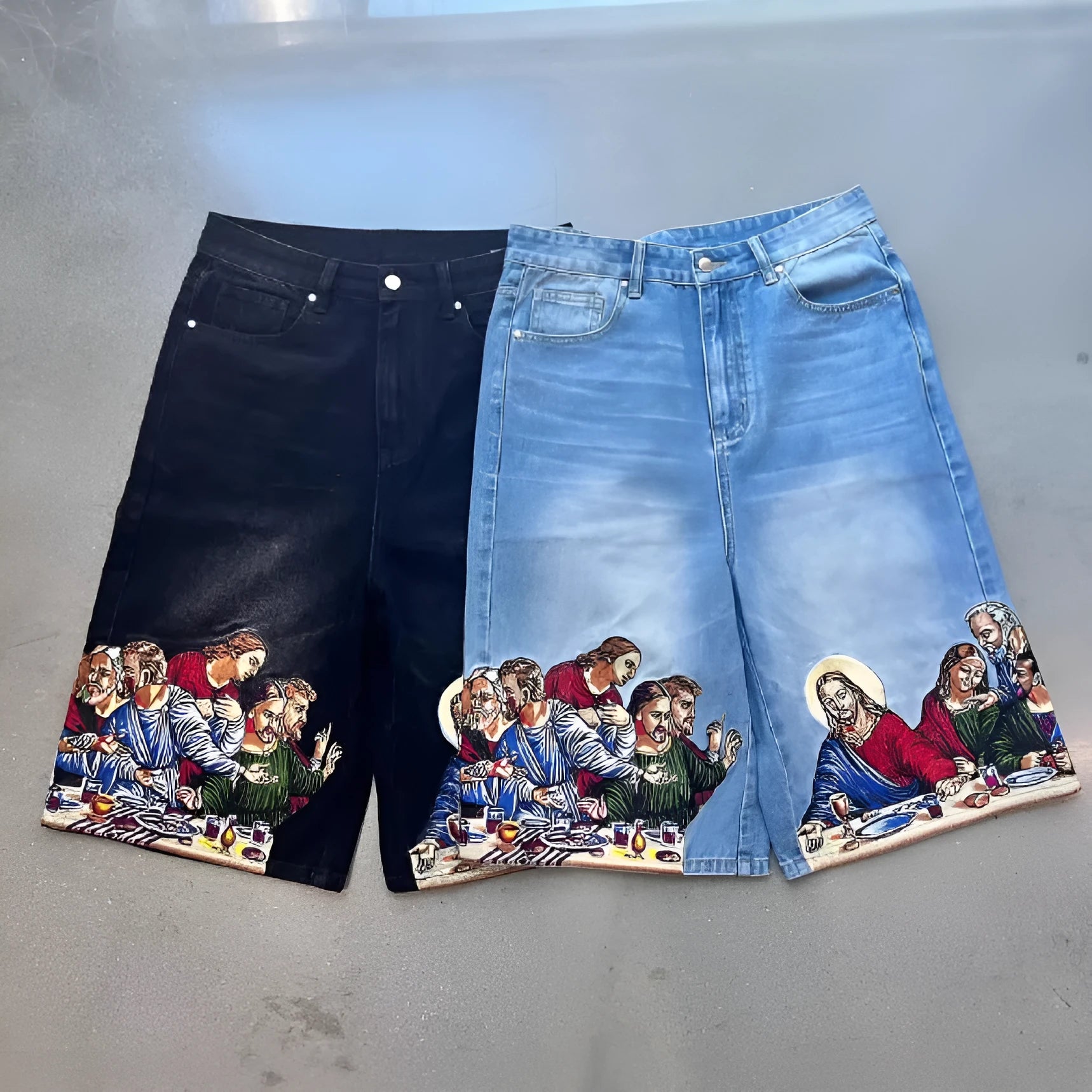 Men's blue cotton tapered shorts with a Jesus print on the back pocket