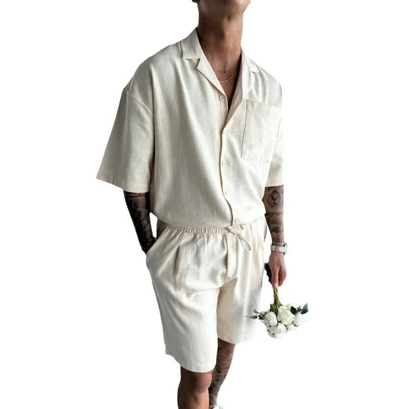 Men's casual polo collar short sleeve shirt and shorts suit in polyester fibre, apricot colour, front view