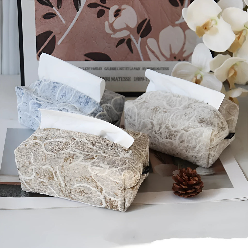 Chinese style fabric tissue box with cotton rose pattern in beige, blue or brown for living room tea tables
