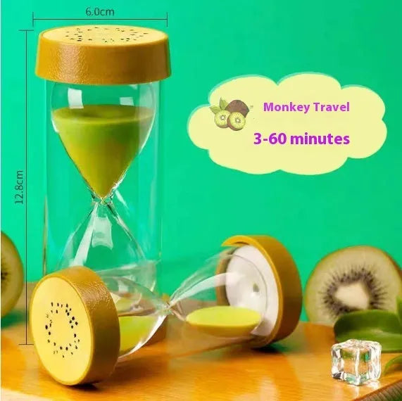 Plastic fruit-shaped hourglass timer in lemon colour on a desk – handmade Chinese style desktop ornament