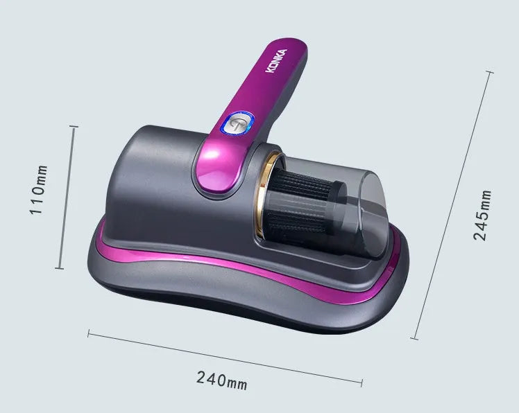 Blue home mite removal instrument with UV sterilization and wireless vacuum cleaner on a bed