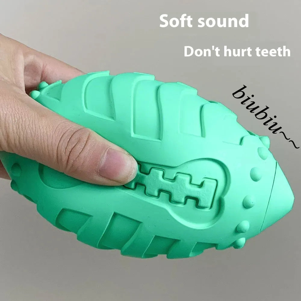 Light green bite-resistant rubber rugby dog toy with interactive vocal feature
