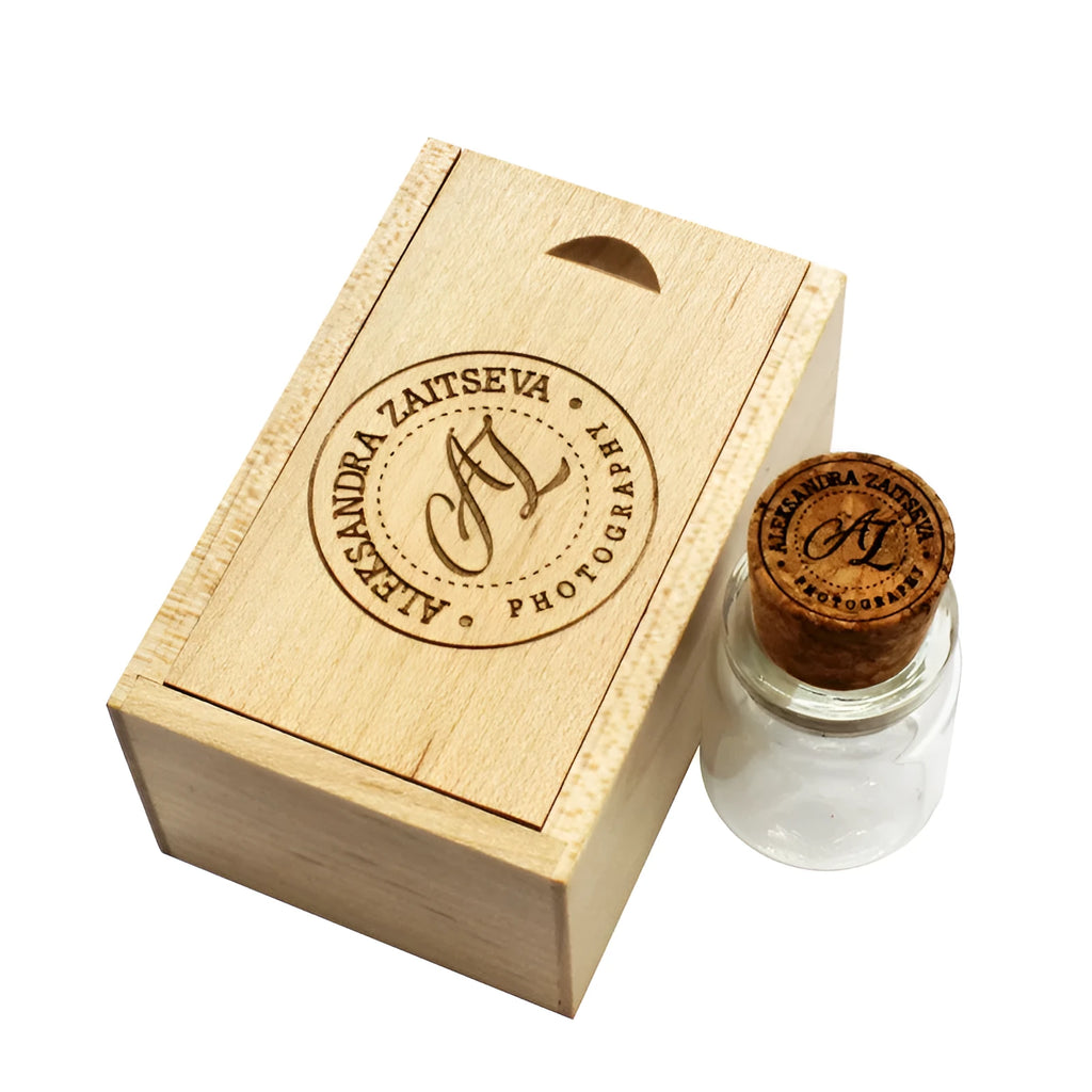 Wooden drift bottle shaped USB flash drive in chocolate colour with graphic customisation option