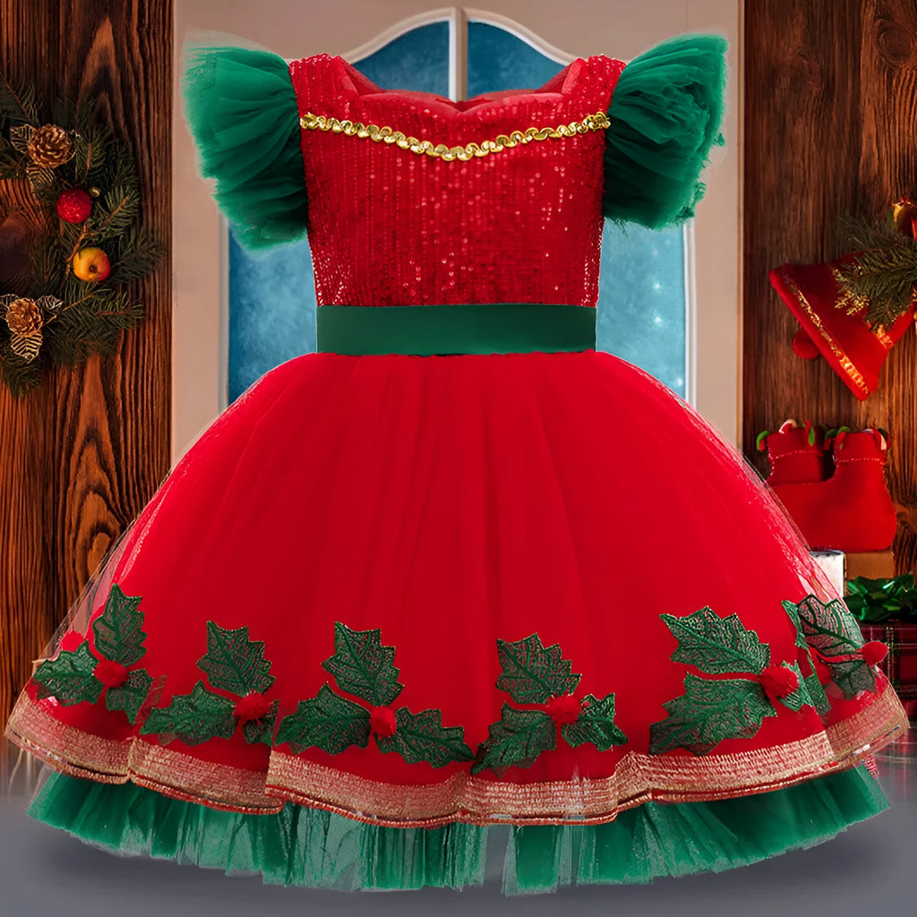 Children's colour-block princess dress with lace in D1557 red, suitable for heights up to 150cm