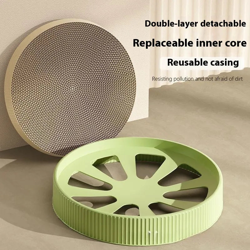 Round 55cm cat scratching board in green or white with corrugated paper surface and replacement packs