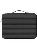 Cotton down laptop bag in sand colour with plaid detail, shown with a laptop inside.