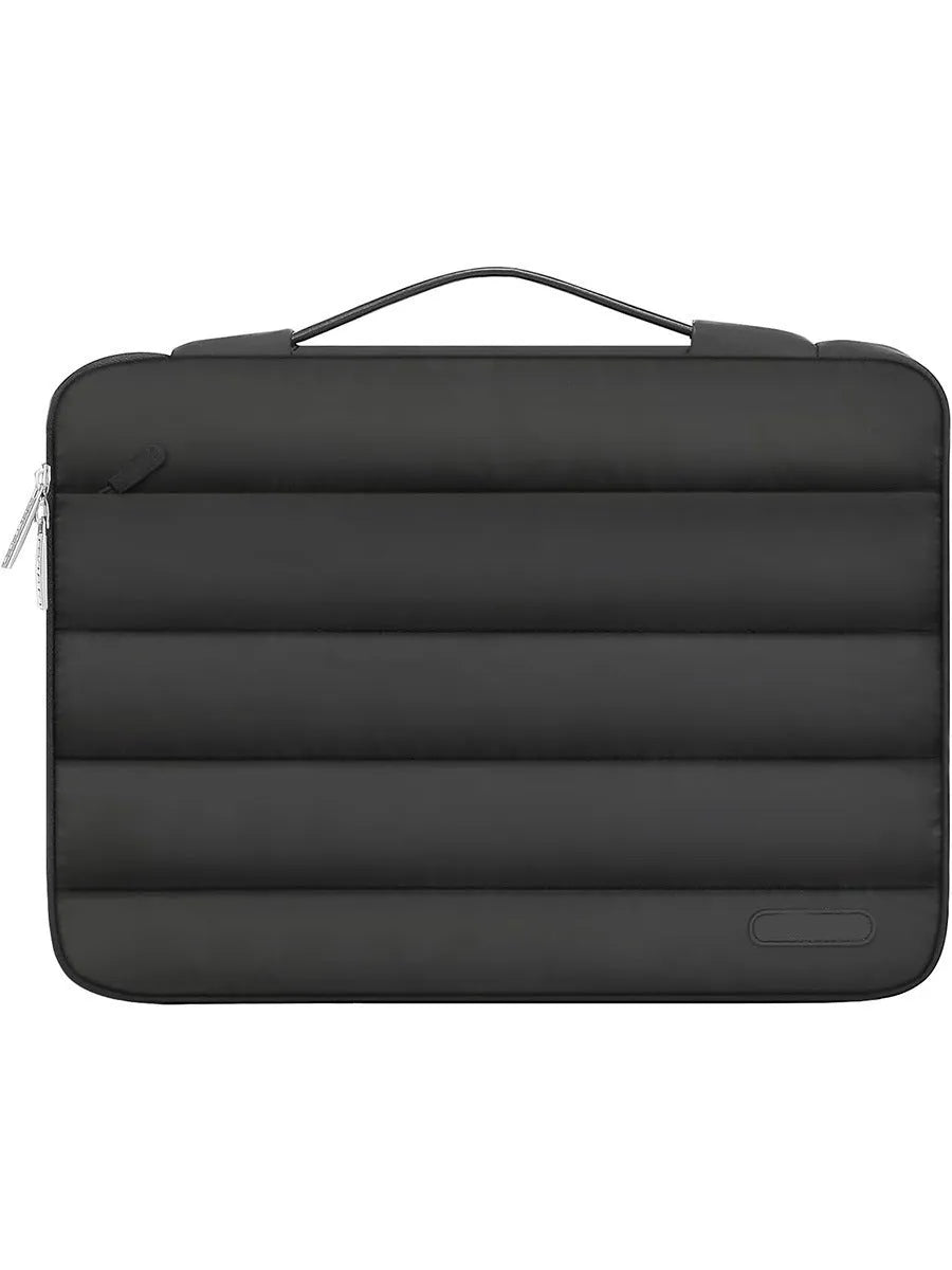 Cotton down laptop bag in sand colour with plaid detail, shown with a laptop inside.
