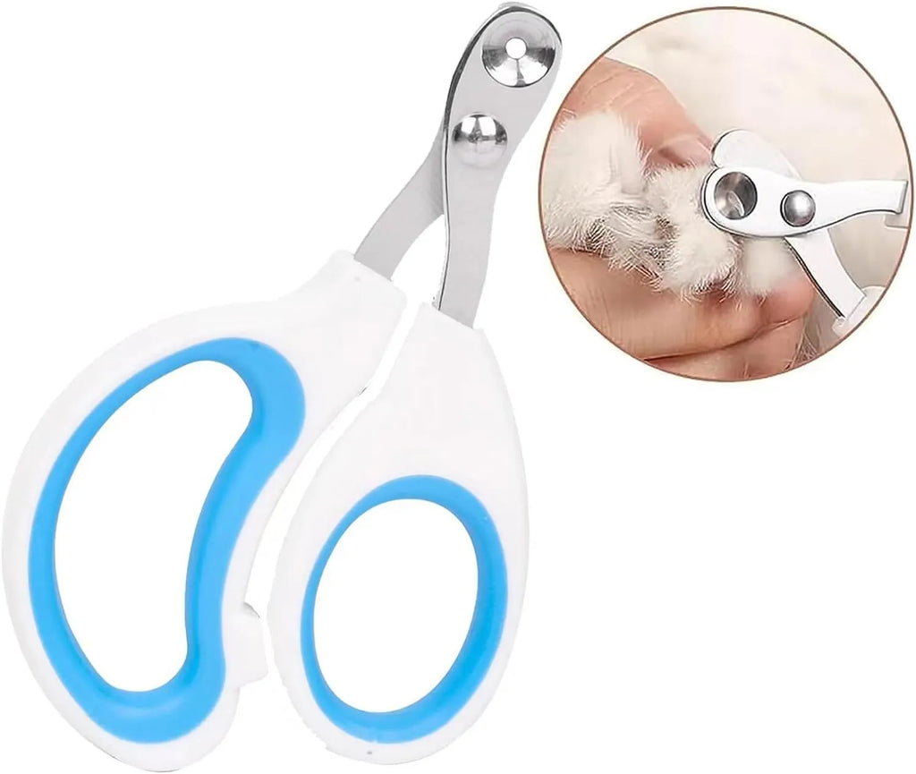 Blue cat nail clippers with circular hole design and ergonomic non-slip handle on a white background