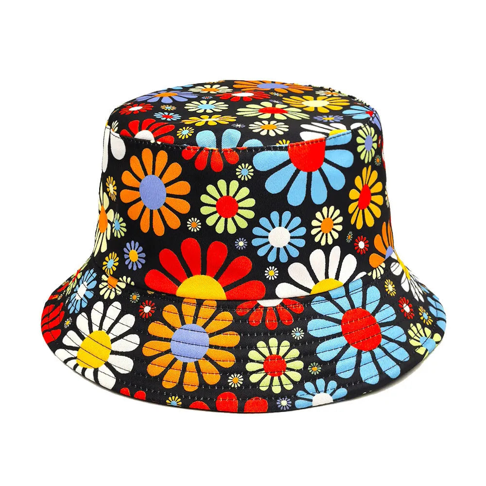 Colourful flower print polyester bucket hat with dome crown for sun protection