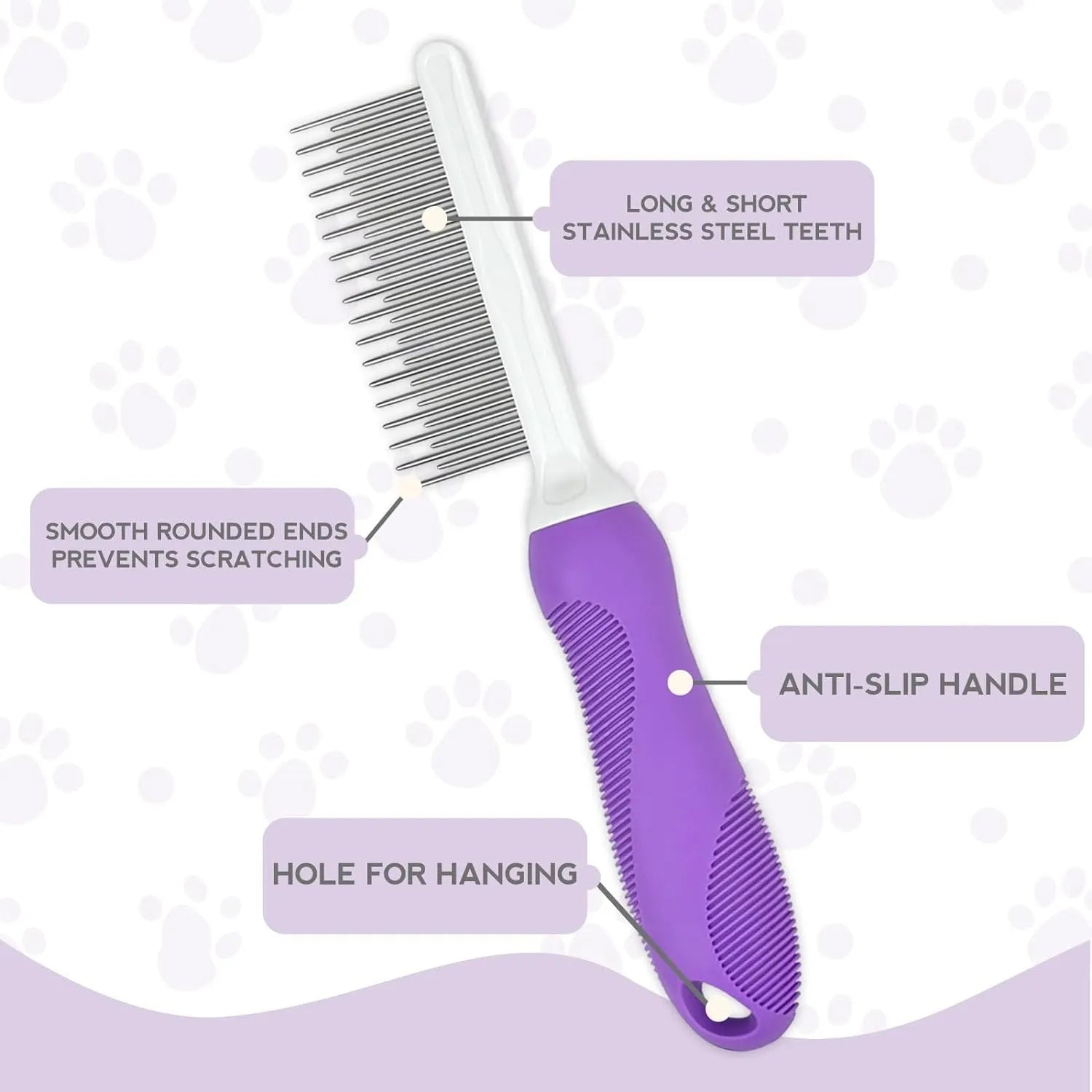 Purple pet detangling comb with stainless steel teeth for dog and cat grooming