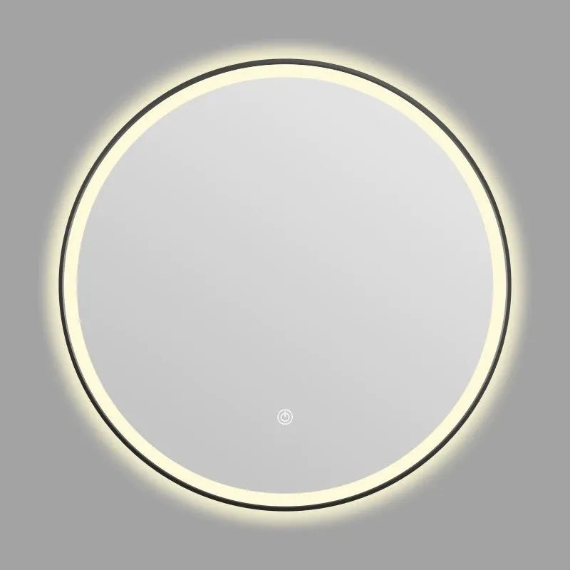 Round black aluminium frame smart bathroom mirror with dimmable LED lights on a wall.