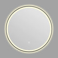 Round black aluminium frame smart bathroom mirror with dimmable LED lights on a wall.