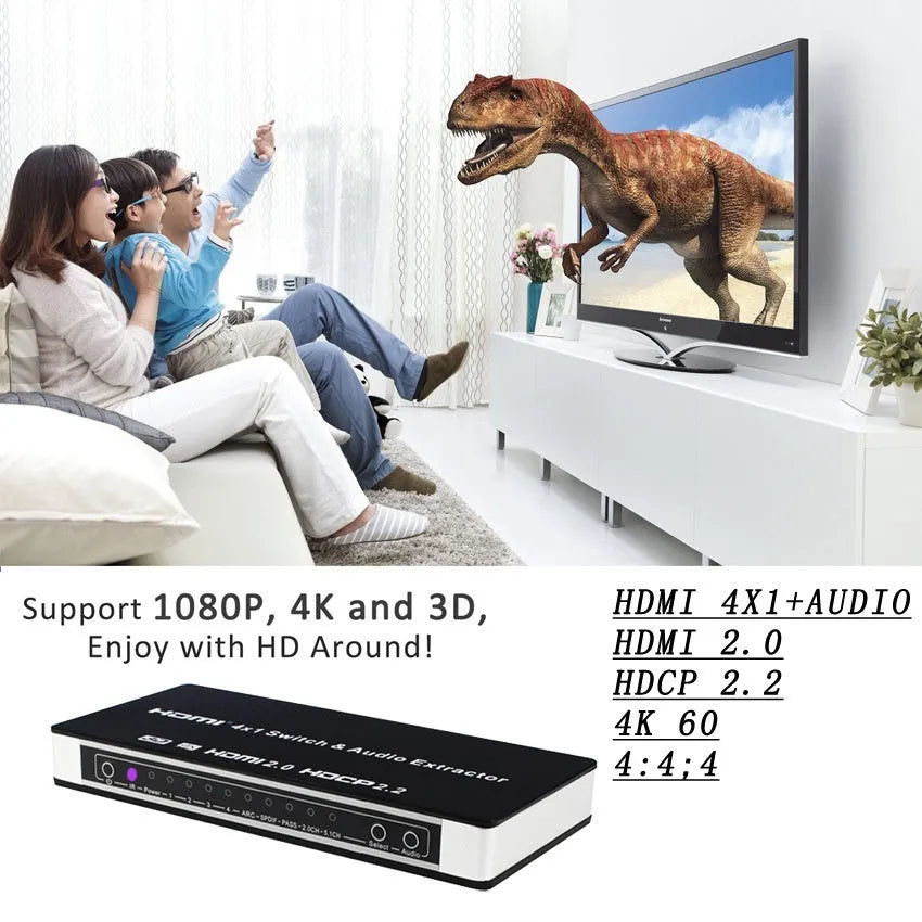 Black HDMI switch with remote control and connection cables for 4-in-1 video switching