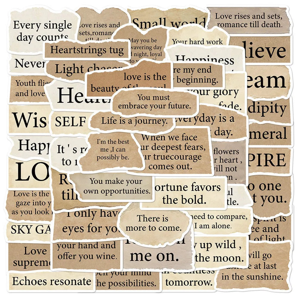 25 waterproof PVC decorative stickers with torn English text design in sizes from 4cm to 7cm