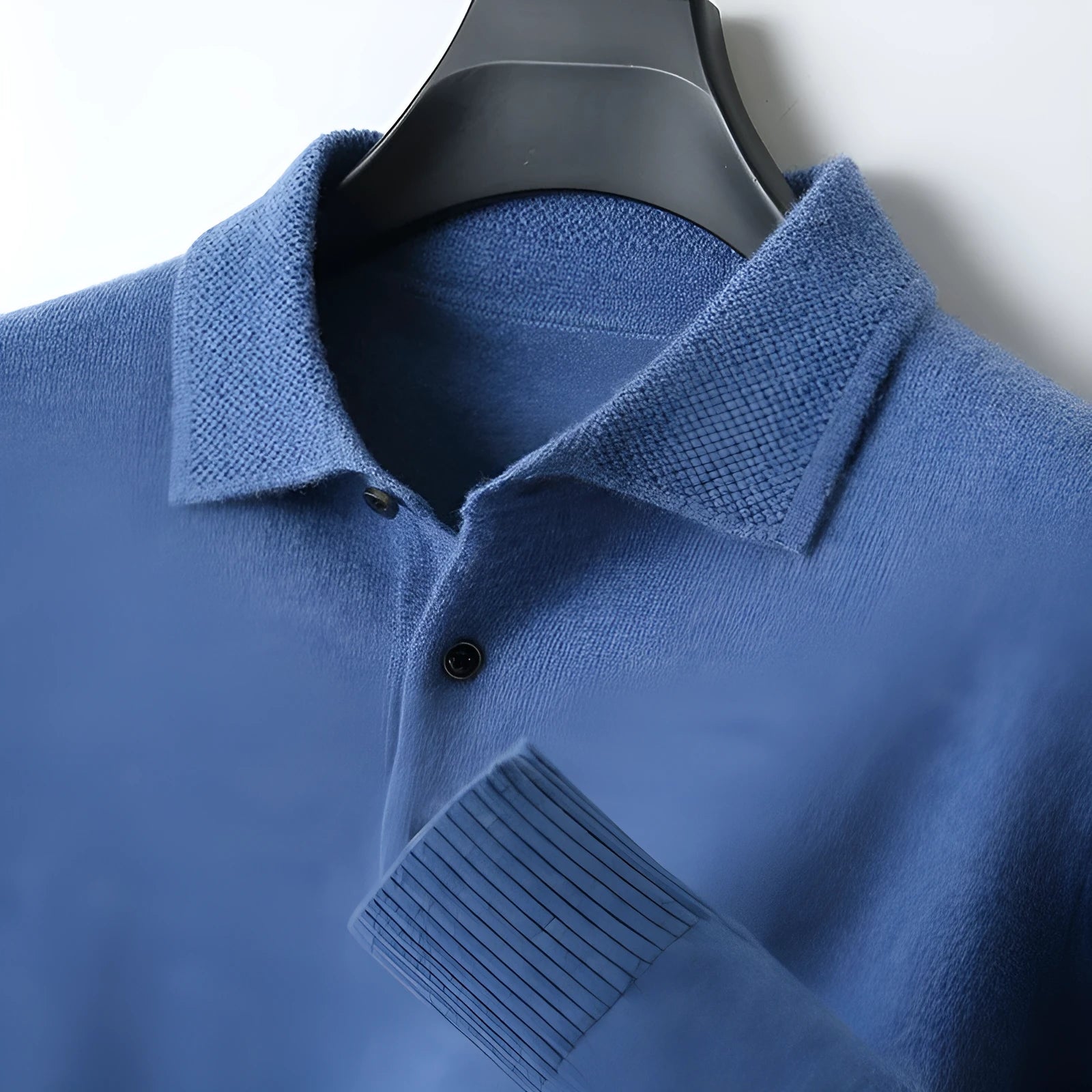 Men's woolen polo collar sweater pullover in various colours on a size chart background