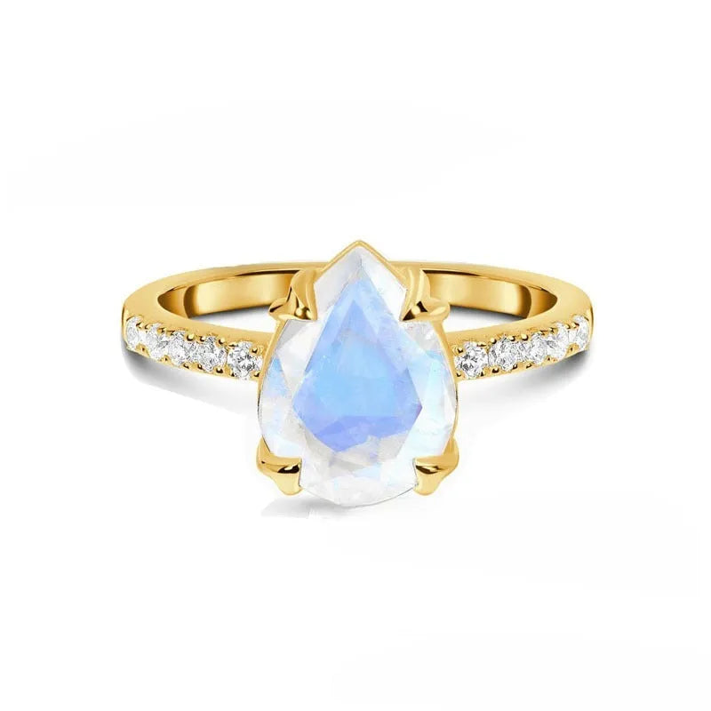 Simple fashion ring with natural gemstone inlaid in silver drop shape, available in multiple sizes