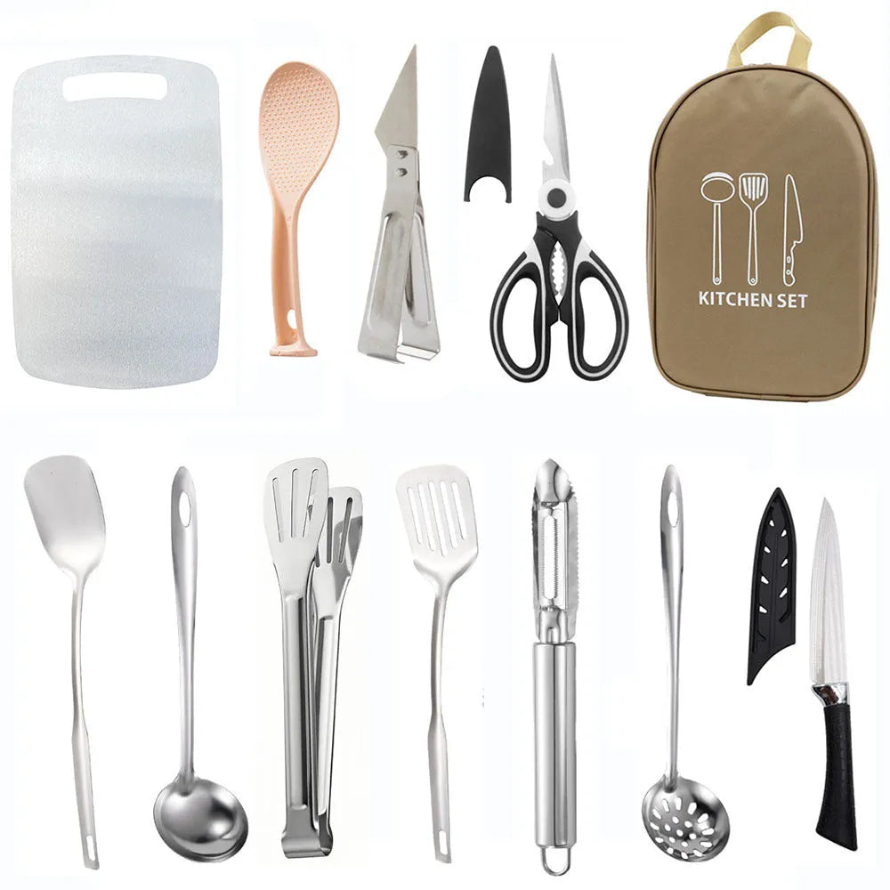 Stainless steel picnic kitchenware set with storage bag in brown colour