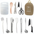 Stainless steel picnic kitchenware set with storage bag in brown colour