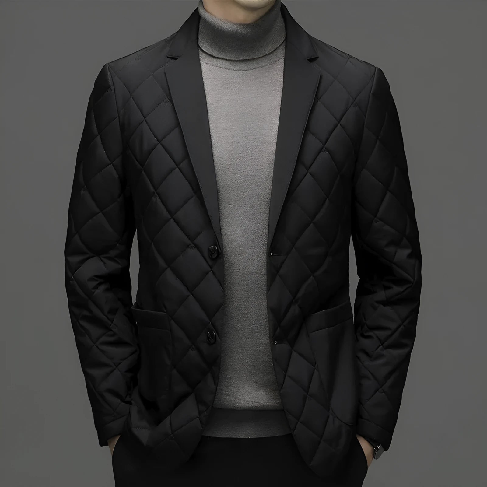 Men's cardigan-style down jacket with lapel collar in black colour