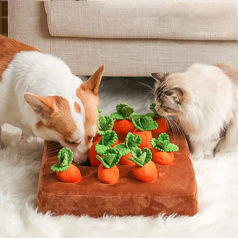 Orange carrot plush toy snuffle mat for dogs and cats with PP cotton filling, 35cm by 35cm, non-slip base